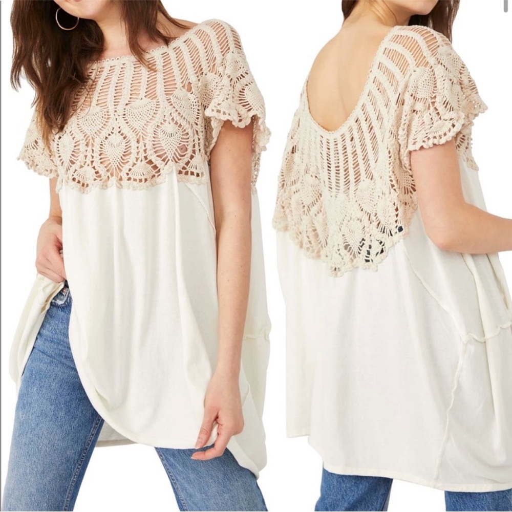 Free People Cream Crochet Yoke Tunic Top